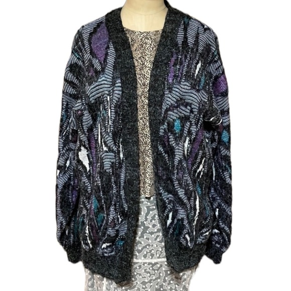 VTG 90s Grandpa Cardigan Jazz Todays News LG Purple Teal Black Button Front - Picture 1 of 16